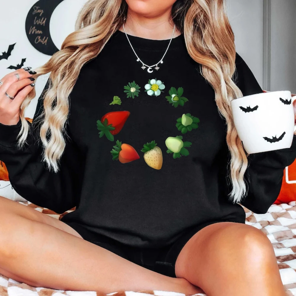 เสื้อสเวตเตอร์พวงหรีดสตรอเบอร์รี่ลายดอกไม้ผลไม้ฤดูใบไม้ร่วงฤดูหนาวลำลองหลวมแขนยาวสดสนุกเบอร์รี่คนรักเสื้อผ้าท็อปส์ซู