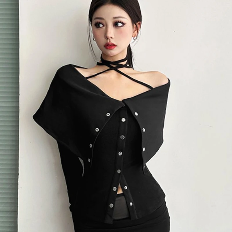 Off Shoulder T-shirts Women High Street Fashion Lace-up Sexy Black Solid Single Breasted Slim Autumn Ladies Clothing Casual New