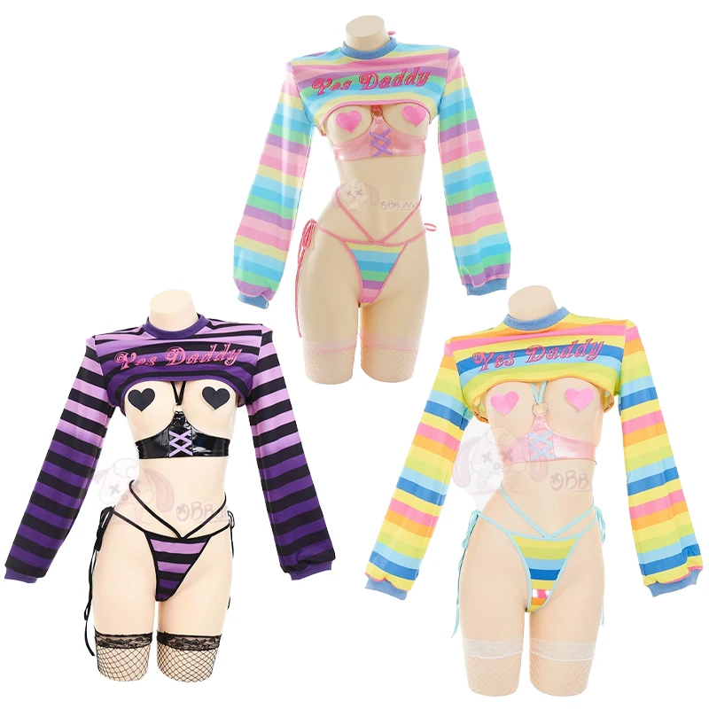 

Women Sexy Lingerie Set Rainbow Stripe Long Sleeve Short Tops and Panty with Stockings Sleepwear Sexy Costumes