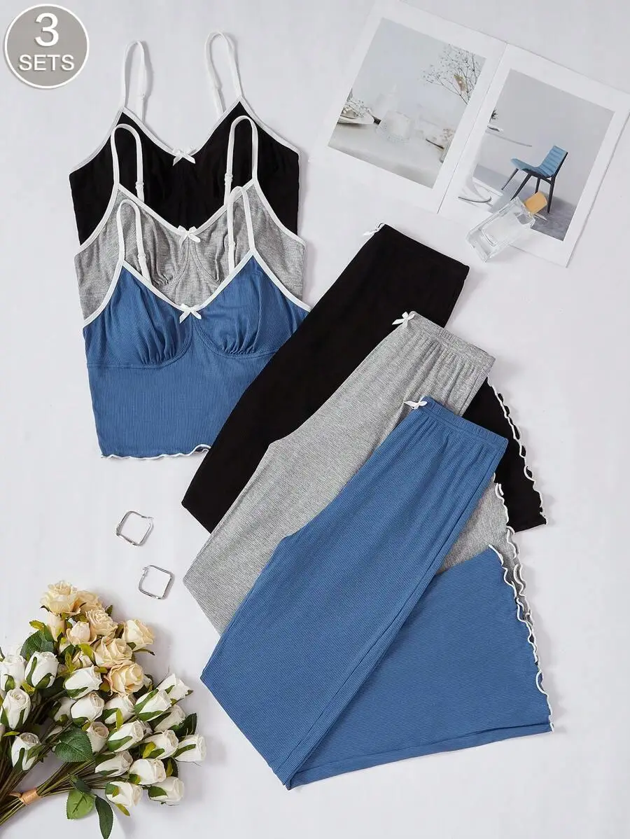 3pcs/Set Women Solid Color Ruffle Trim Bow Camisole Top & Pants Pajama Set