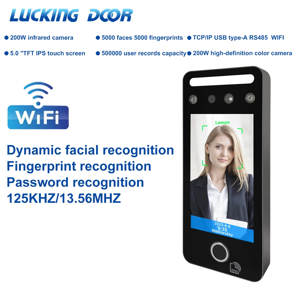 5inch Wifi Biometric Facial Terminal Fingerprint Metal Face Recognition Access Control Time Attendance RFID Card