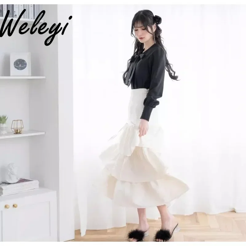 

Jirai Kei Mid Length Skirt Japanese Fashion 2024 Spring Women's Clothing Sweet New Cute Versatile Lady Ruffled Bow Cake Skirts