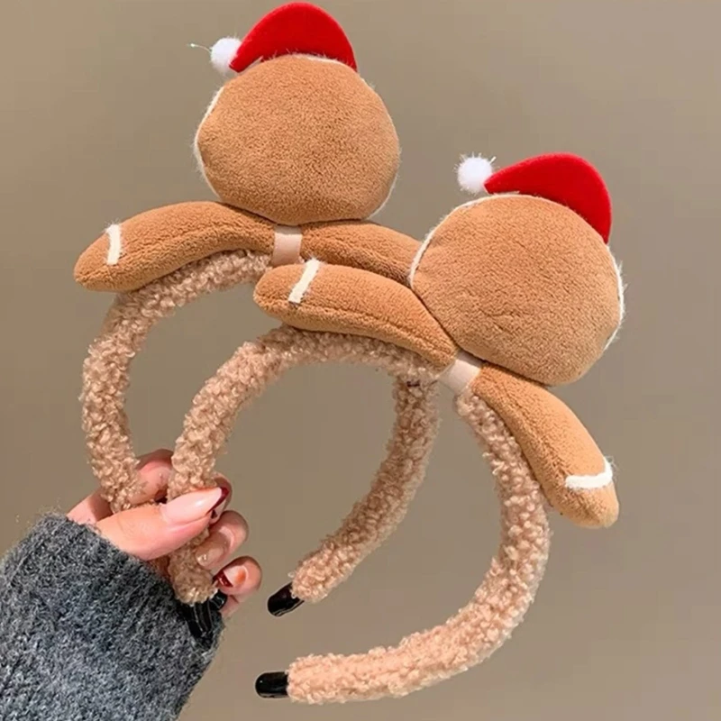 Christmas Gingerbread Man Style Women Girls Plush Headband Festival Costume Accessories Hair Hoop for Adult Kid Party Headgear