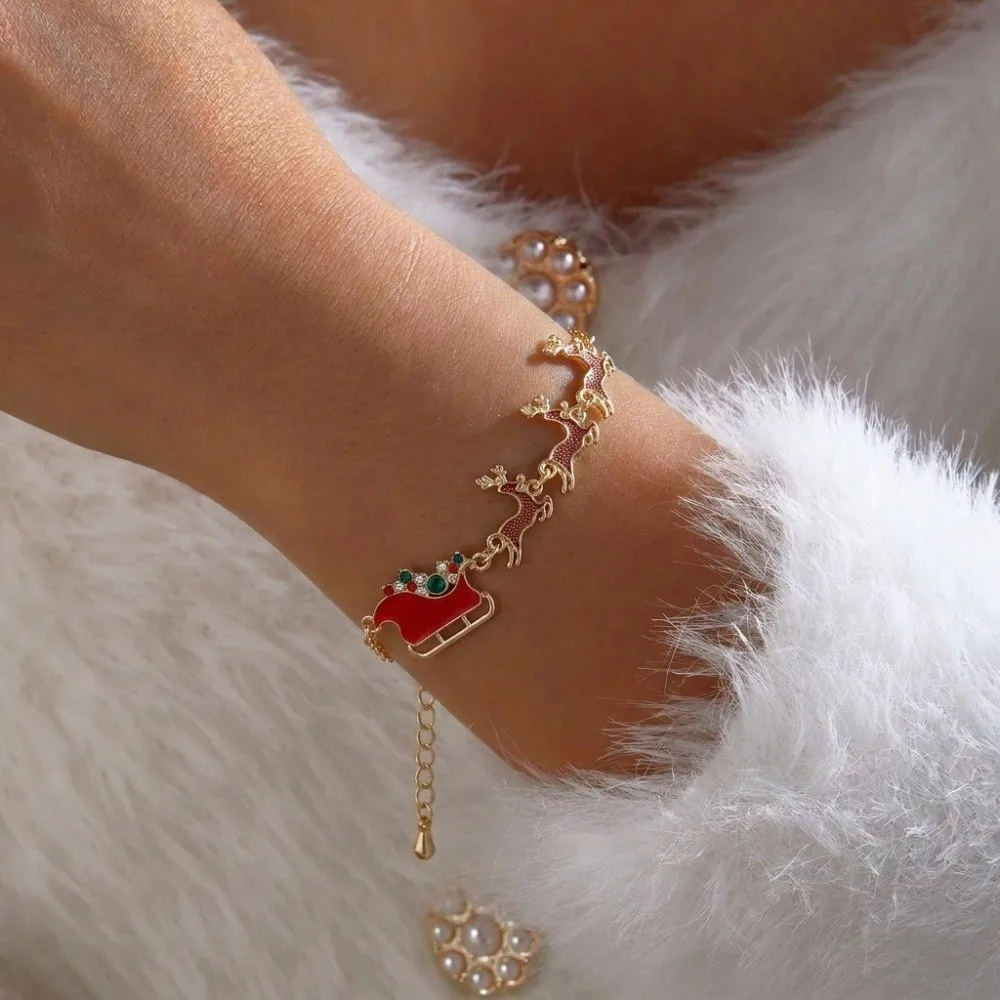 Creative Christmas Pendant Necklace Colorful Adjustable Length Reindeer Bracelet Handmade Enamel Rhinestone Sleigh Pendant