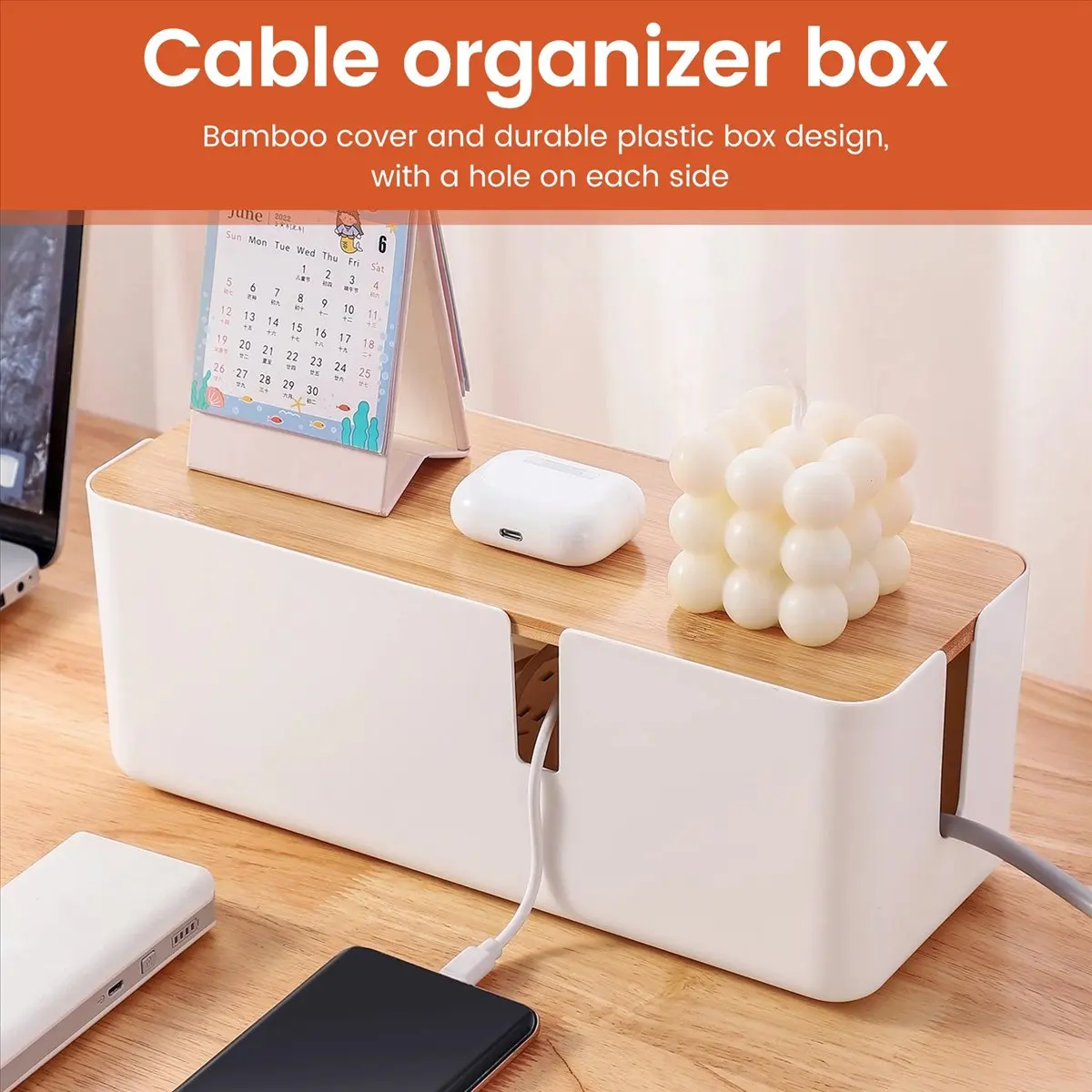 (A23G) Cable Management Box with Bamboo Lid Small Cable Organizer Box for Extension Cord Power Stripe Surge Protector(White)