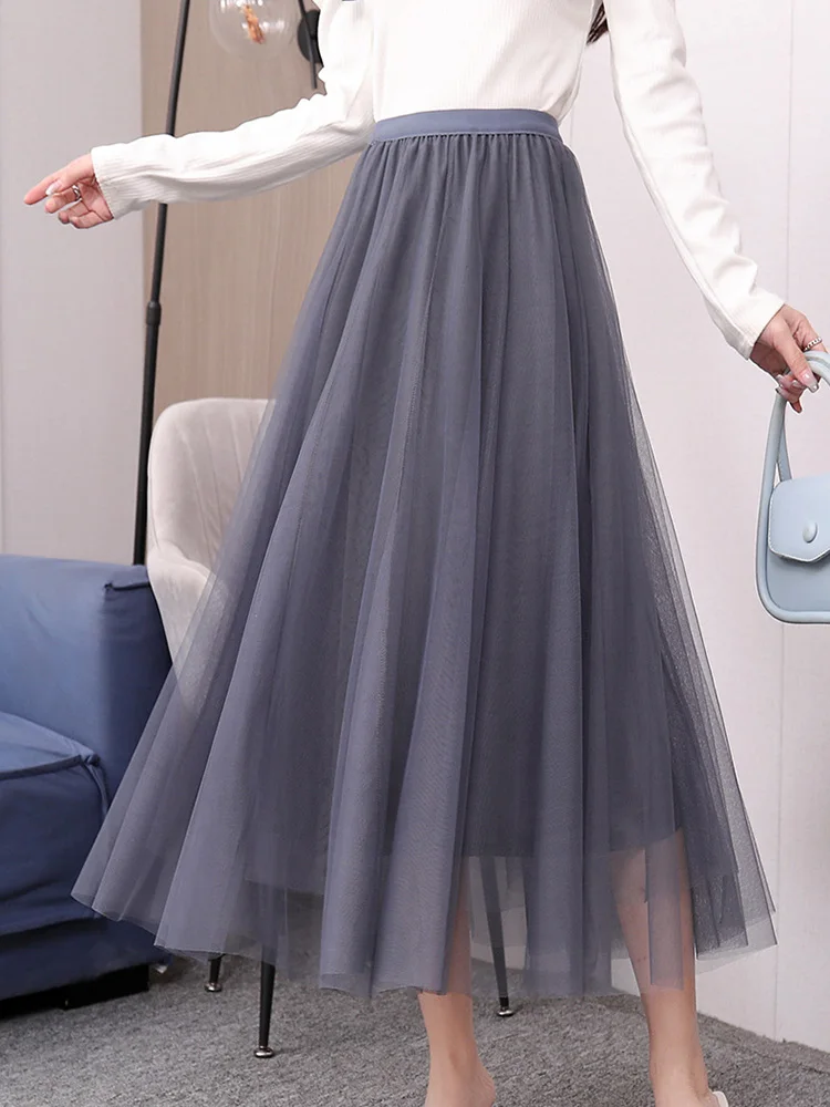 

Elegant Pleated Long Vintage Tulle Skirt High Waist Summer Mesh Elastic Waist A-line Solid Color Black White