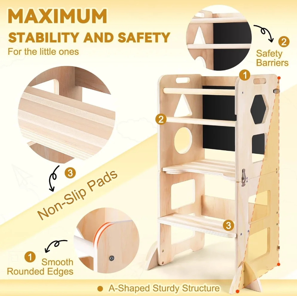 Foldable Wooden Toddler Tower with Safety Rail Adjustable Kitchen Helper Stool for Kids Learning and Activity