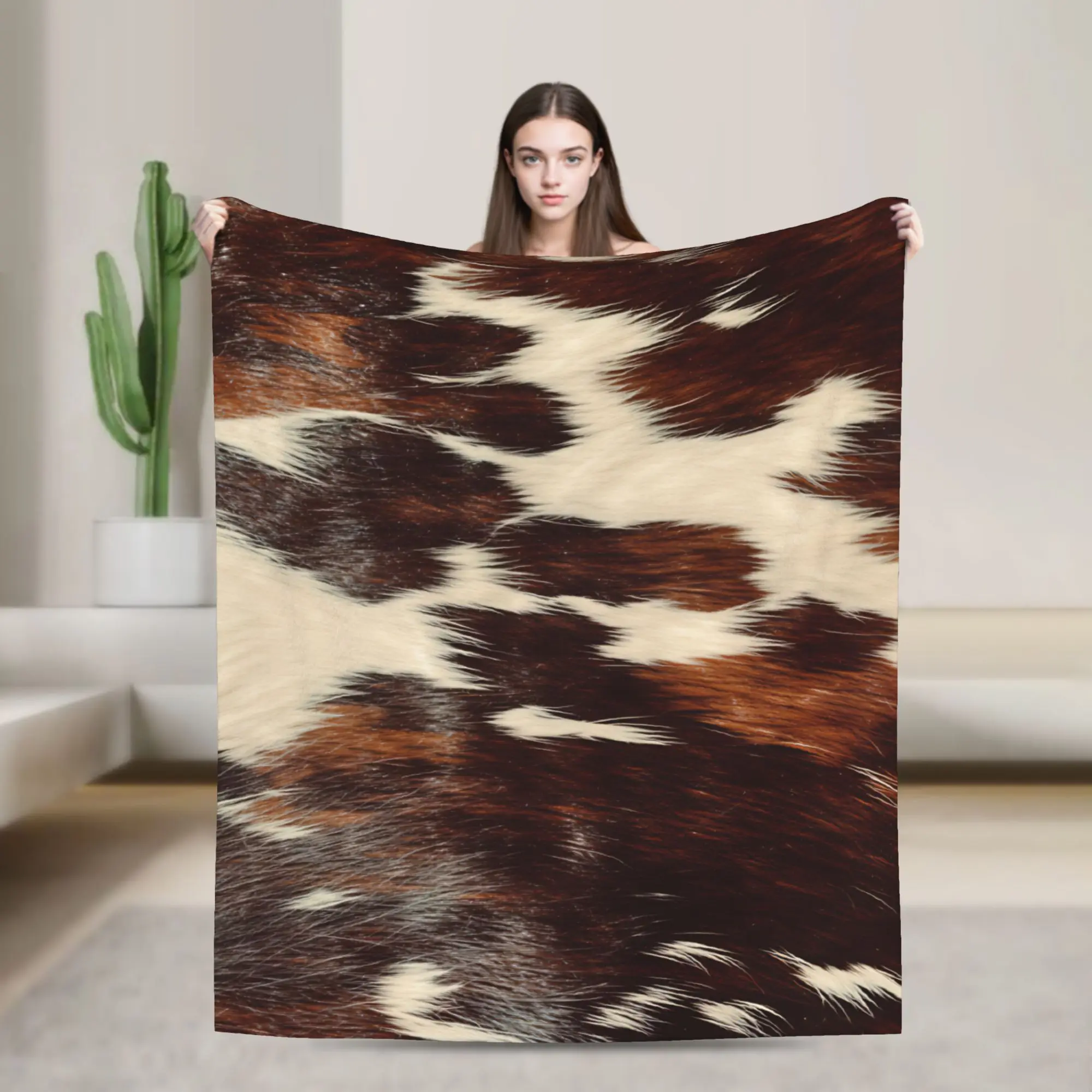 Glossy Brown Cowhide Bedding Throws Warm Cozy Novelty Blanket  For Living Room Travel Office Flannel Bedspread Bed Cover