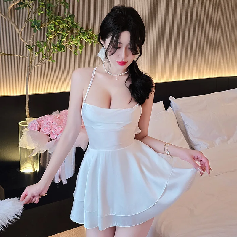 

Women Sexy A-Line Dress Low Cut Underwear Pajamas Square Neck Nightgowns Dress Backless Strap Erotic Lingerie Dresses