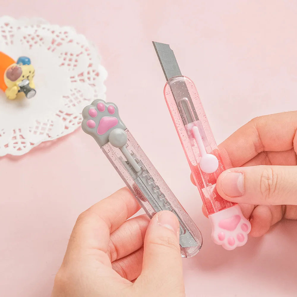 Cute Transparent glitter Art Utility Knife Cartoon Cat Paw Shape Cutter Express Box Paper Envelope Opener Blade Stationery