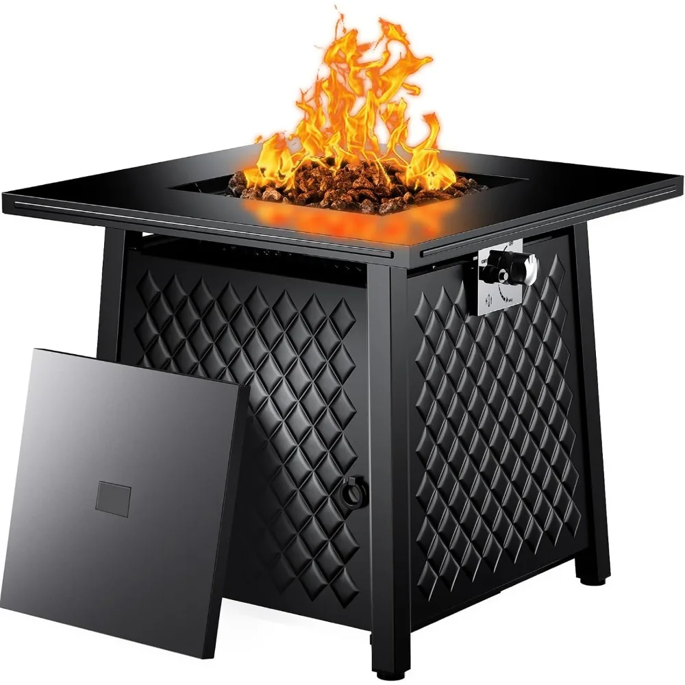 32 Inch Gas Fire Pit Table， 50,000 BTU Propane Fire Pits for Outsides with Steel Lid and Lava Rock, 2 in 1 Square Firepit Table