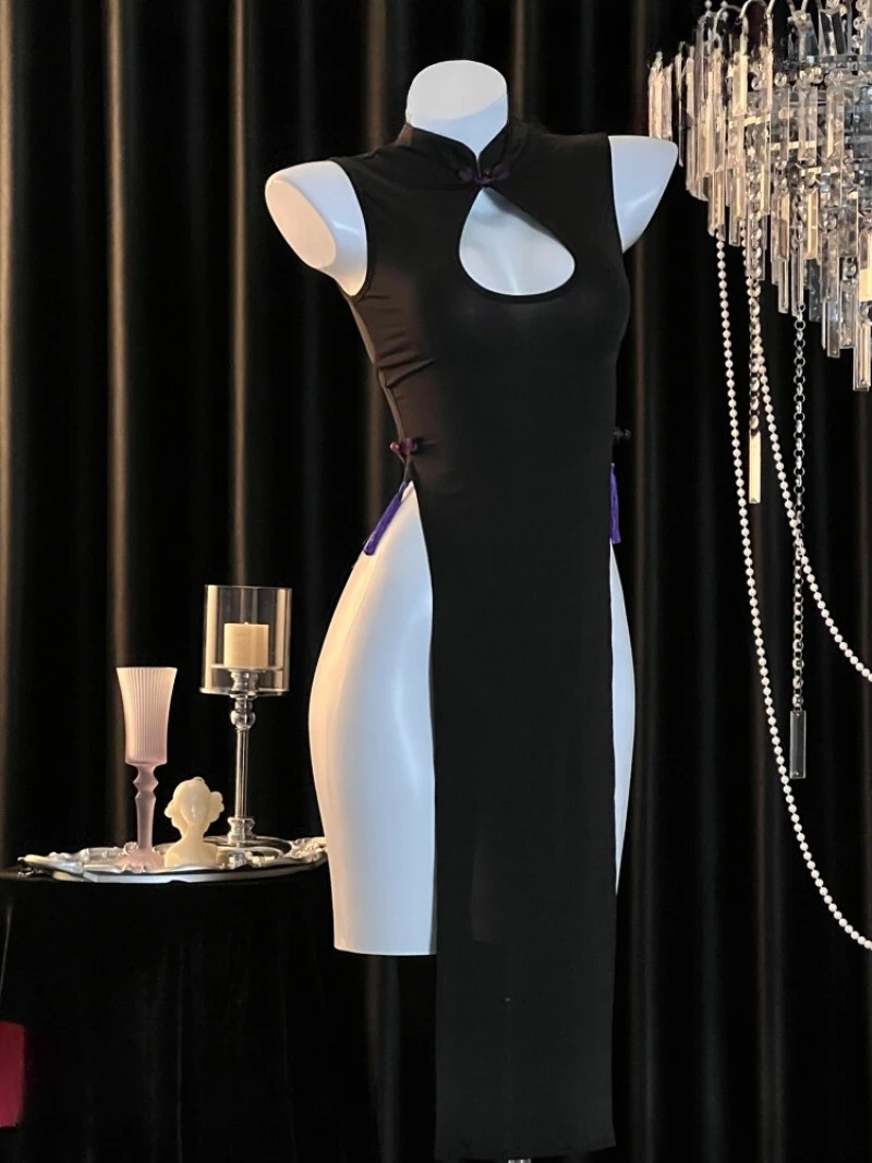 섹시한 순수한 욕망 스타일, 컷아웃 하이 슬릿, 몸매를 드러내는 민소매 롱 드레스, 여성용 리본 로맨틱 유니폼, 유혹적이고