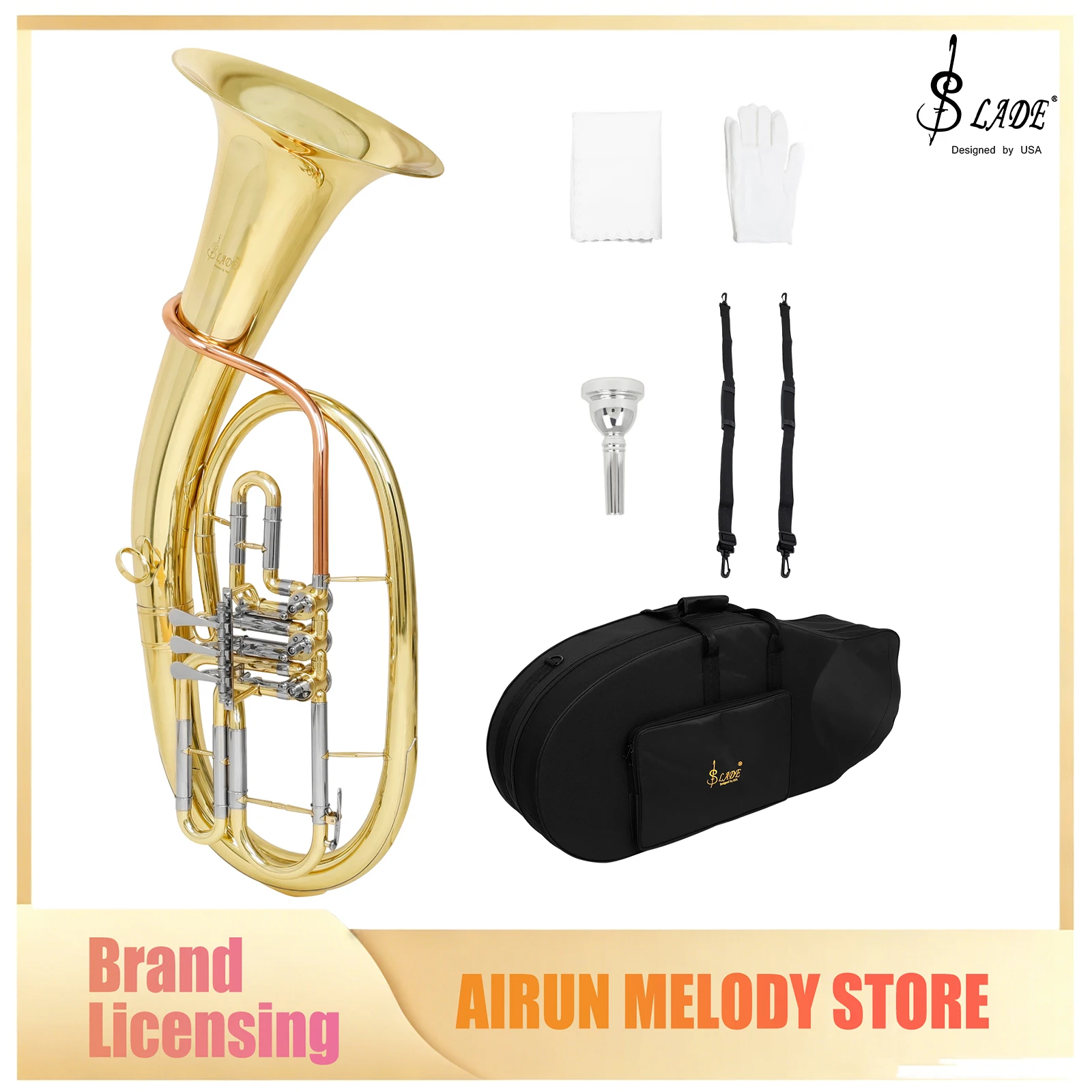 SLADE 3 Vertical Flat Piston Baritone Horn Brass Instrument with Phosphor Copper Leadpipe Full Set with Gloves Cleaning Cloth