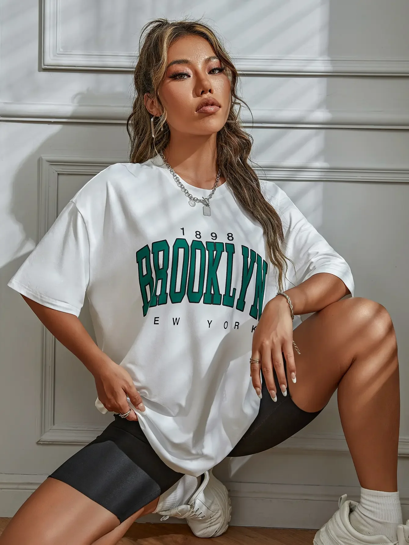 T-Shirt Women 1898 Brooklyn York Letter Drop Shoulder Print Vintage Oversized T Shirt Simple Clothes Female Tshirt Y2K Top