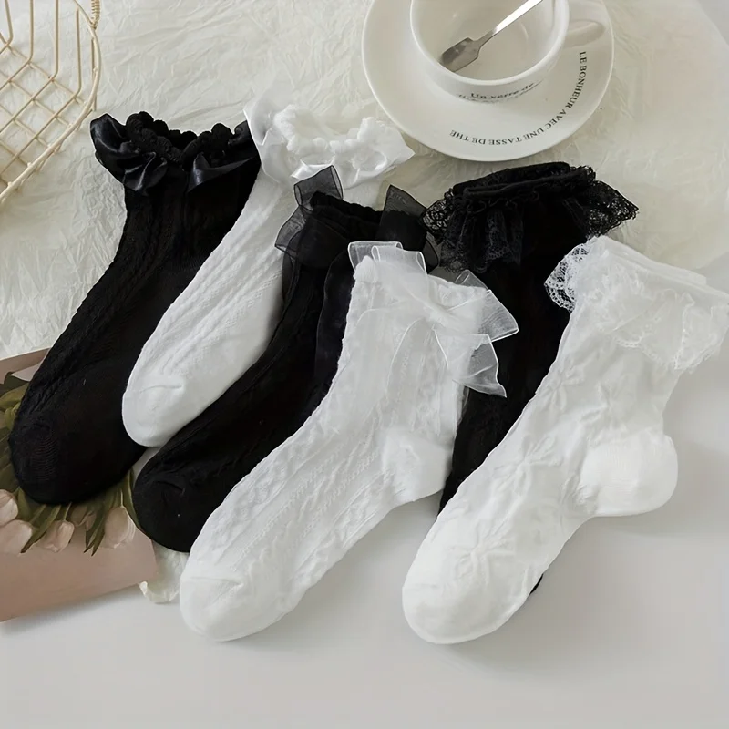 6 Pairs Lace Ruffle Crew Socks for Women, Cute Princess Ankle Dress Lace Socks for Women