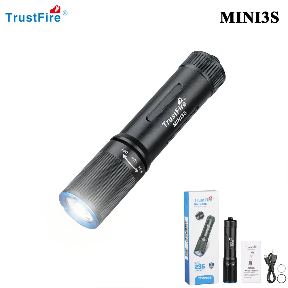 Trustfire Mini3s Mini Rechargeable Lamp 235 Lumen Keychain Work Light 2 Mode IPX8 Portable LED Flashlights With Usb Charging