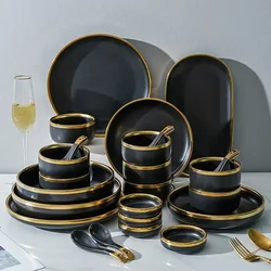 Ceramic Black Gold Edged Cutlery Bowl and Dish Set Nordic Home Dinner Luxury Matte Bowl and Dish Tray Set Complete Tableware Set