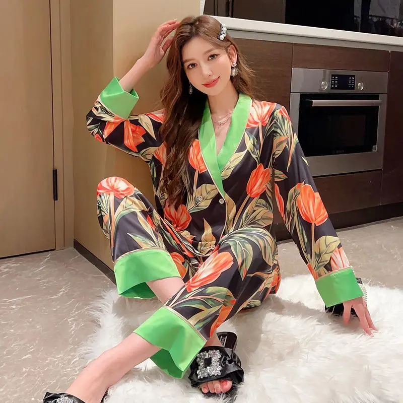 Two-piece Set New Chinese-style Light Luxury Long-sleeved Long Pants Ice Snow Silk Pajamas Women Spring Fashion Casual Home Wear