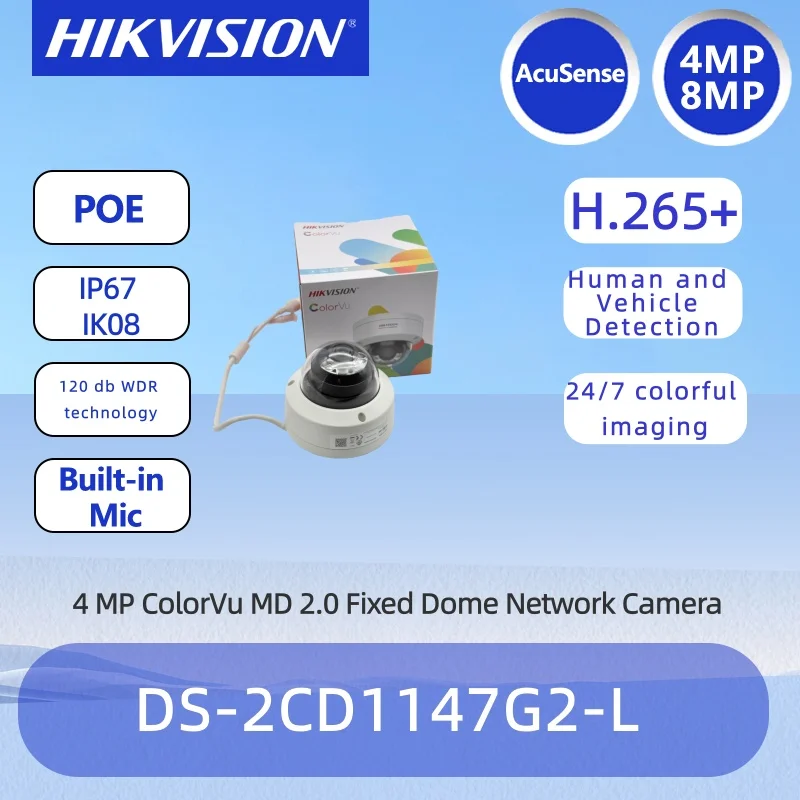 كاميرا مراقبة Hikvision4MP ColorVu كاملة الألوان للرؤية الليلية DS-2CD1147G2-L H.265 + مقاومة لتسرب الماء IP67 الصوت CCTV للمنزل في الهواء الطلق