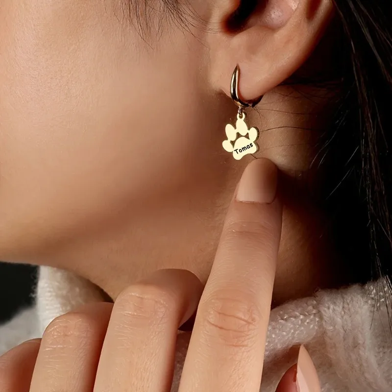 Personalized Pet Paw Print Earrings with Custom Name Golden Stainless Steel Cute Dog & Cat Claw Design Hoop Earrings