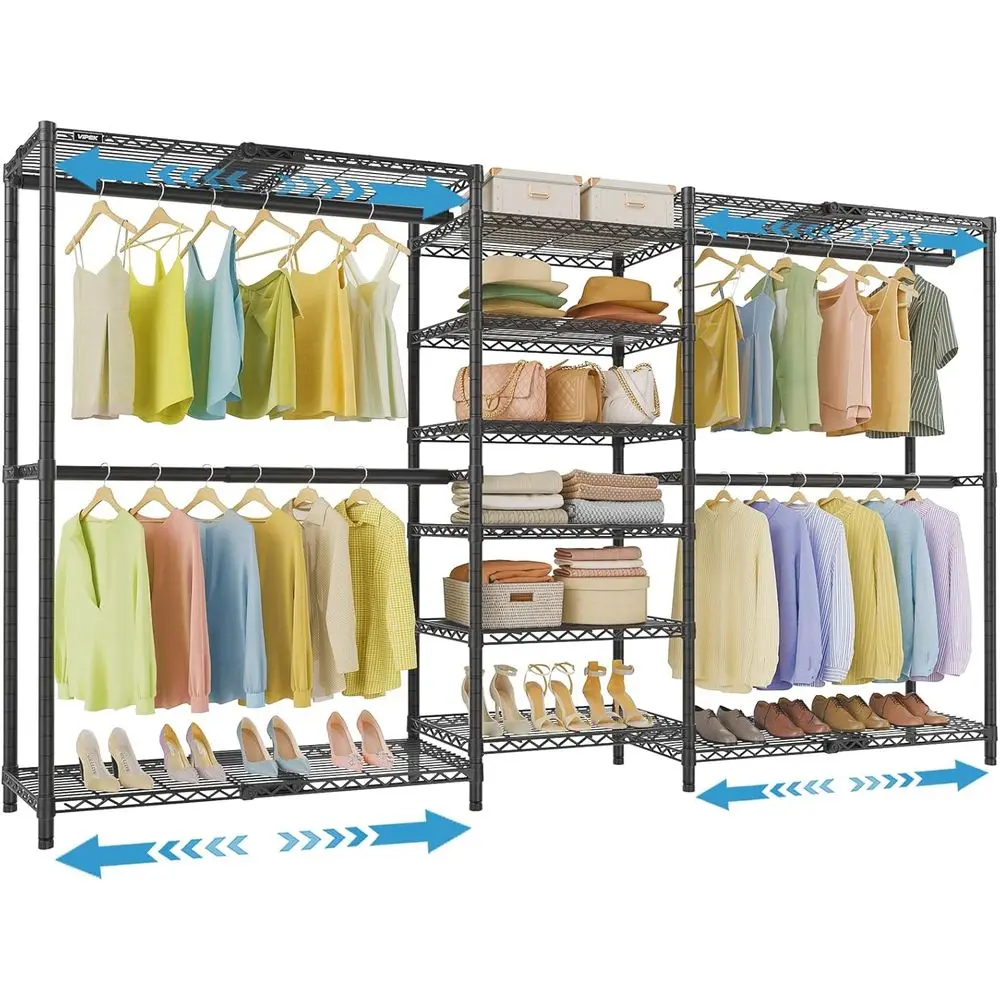 

Adjustable Expandable Closet Rack, 5'10-8'8, Extendable Shelves & Hanger Rods, Modular Wardrobe System, 1360LBS Load, Black