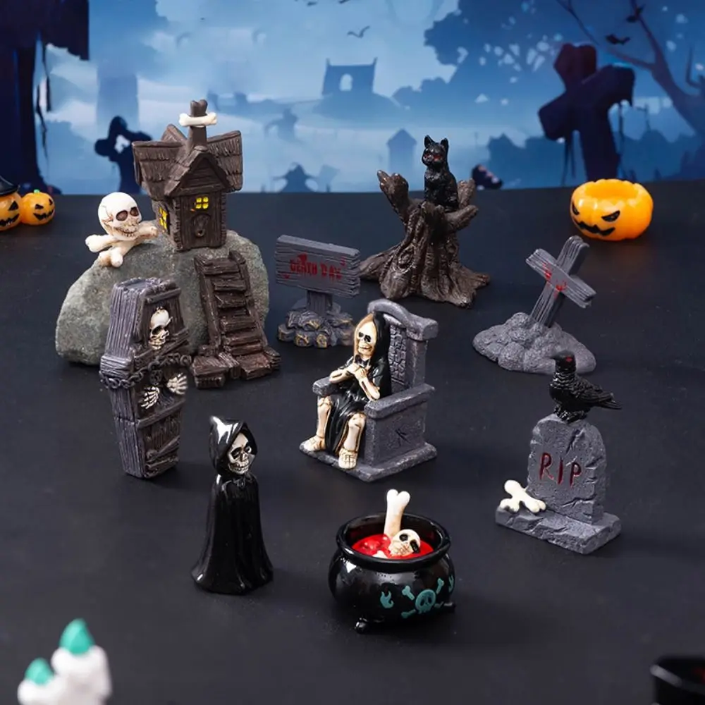 Ornamen kecil kartun Halloween DIY, ornamen Tombston Mini kerajinan Resin ornamen Festival hantu