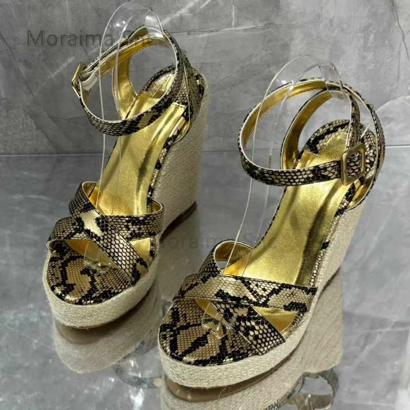 Kruisband Gouden Slangenpatroon Platform Dames Sandalen Hennep Espadrilles Wiggen Hoge Hakken Open Teen Gesp Riem Zomer Schoenen