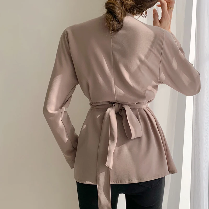 

Женский топ Slim Fit Long Sve V-Ne Pure Color с поясом на талии, шикарный топ в стиле ретро с узлом Fem Faion, весна 2020