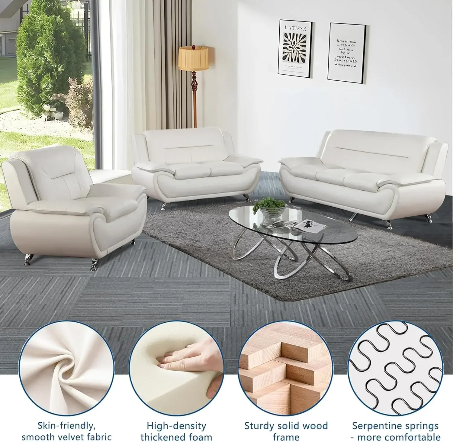 [أفضل بائع! ]طقم أريكة غرفة المعيشة مكون من 3 قطع، طقم أريكة من الجلد الصناعي، طقم أريكة حديث لأثاث غرفة المعيشة (أريكة + مقعد محبب + C