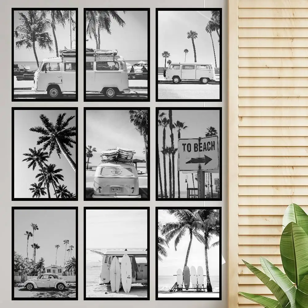 1PC Black And White Palm Tree Beach Landscape Posters Retro Kraft Paper Sticker DIY Room Bar Cafe Aesthetic Art Wall Painting