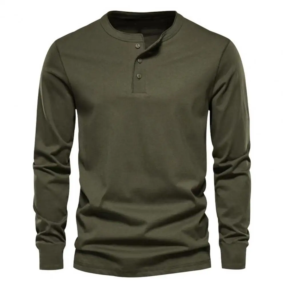 Simple Casual Style Men Autumn T-shirt O-neck Buttons Half Placket Long Sleeve Top Slim Fit Solid Color Pullover Top