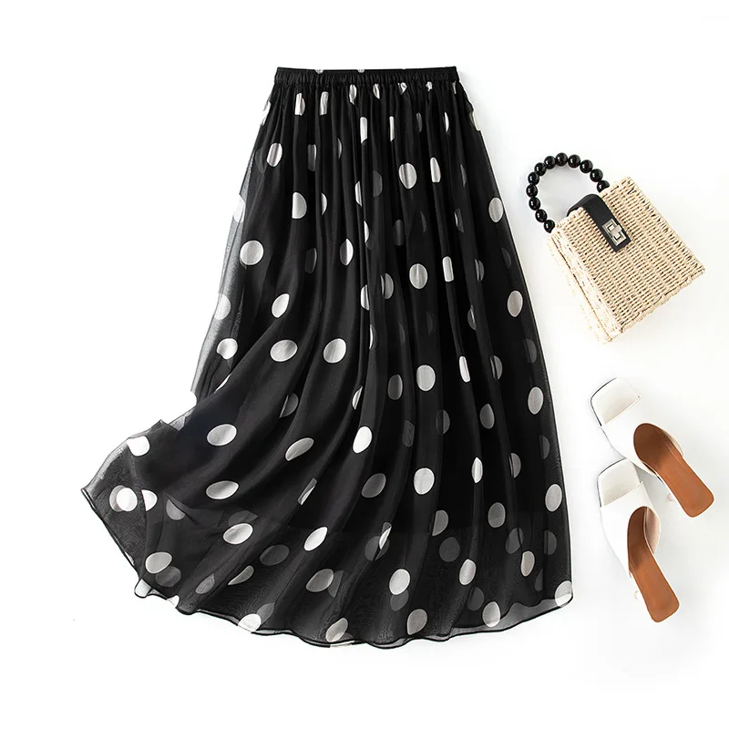 

Birdsky, 1PC Women summer skirt skirts polka dot double layers 100% real mulberry silk georgette Black, S-1057