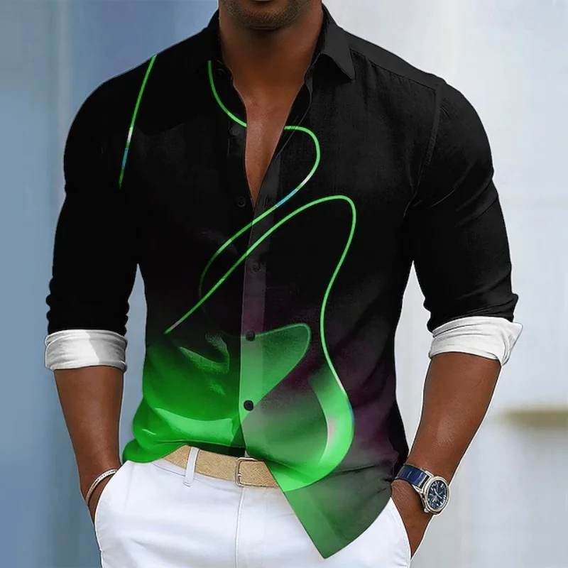 Men's fluid gradient printed long sleeved shirt with artistic lines, lapel shirt, trendy casual men's top