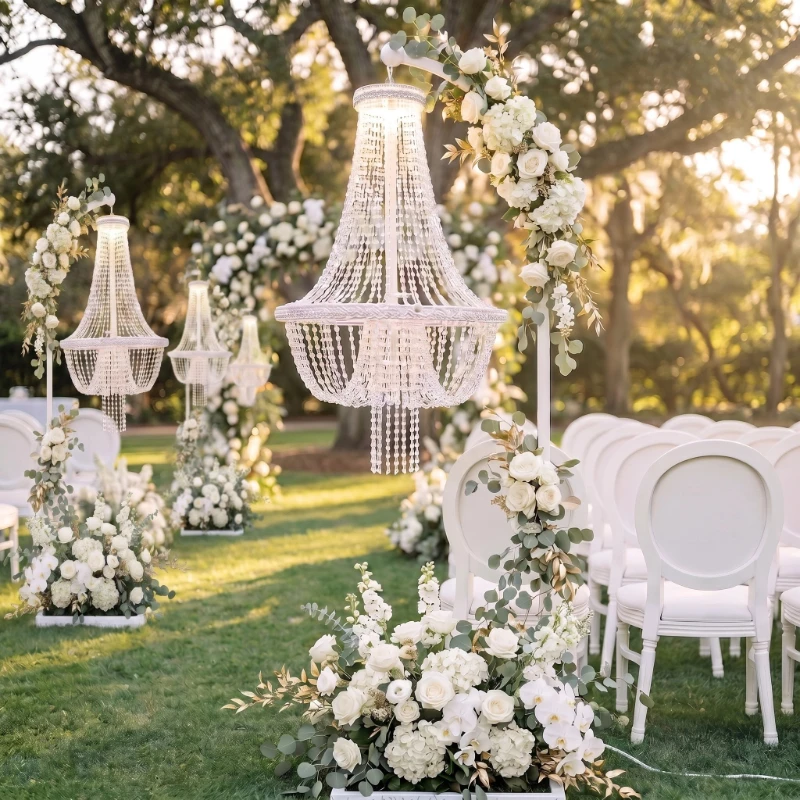 

2sets Luxury Outdoor Big Chandelier With Floor Flower Stand Arches For Wedding Aisle Walkway Centerpieces Road Lead Decoration