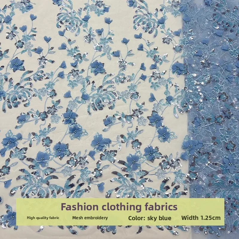 

Mesh 3D Flower Pattern Bubble Beads Fabric for Sequins Embroidered Wedding Dress Design Cloth Diy By The Yard Sewing Material