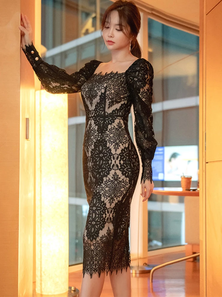 New Elegant Retro Party Dress Women Spring Sheer Perspective Black Lace Long Sleeves Sexy Robe Office Lady Vestidos MIdi Clothes