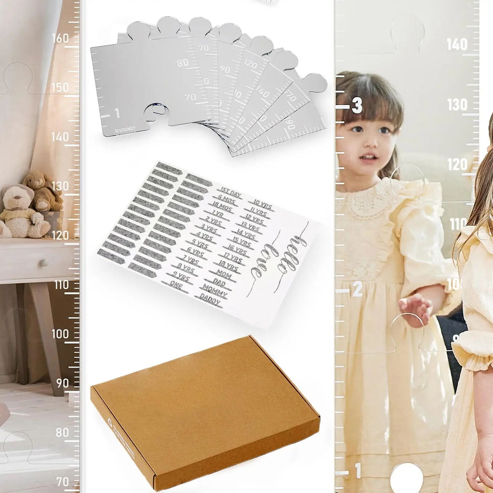 Mirrored Growth Chart Shatterproof Acrylic Height Measurement Mirror Ruler Puzzle Children Height Chart Mirrors with Marking