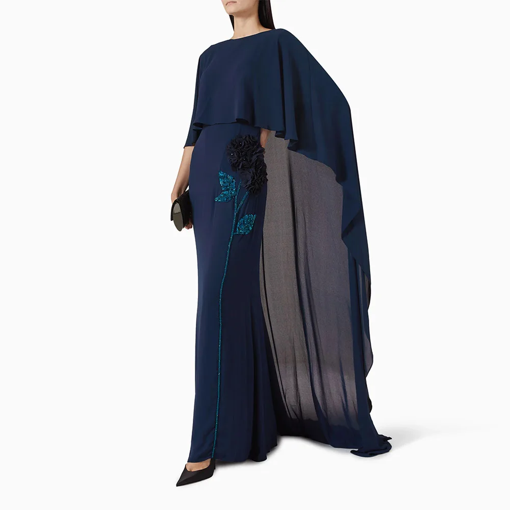 Abito da ballo a sirena con scollo a O, abito da sera con perline, abito da festa formale senza maniche, lunghezza del pavimento, abito saudita con scialle