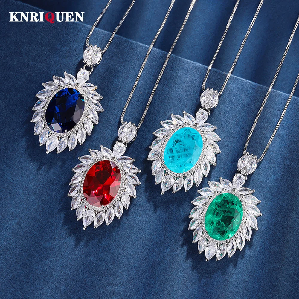 Retro 12*16mm Emerald Ruby Sapphire Pendant Necklaces for Women Lab Diamond Gemstone Cocktail Party Fine Jewelry Birthday Gifts