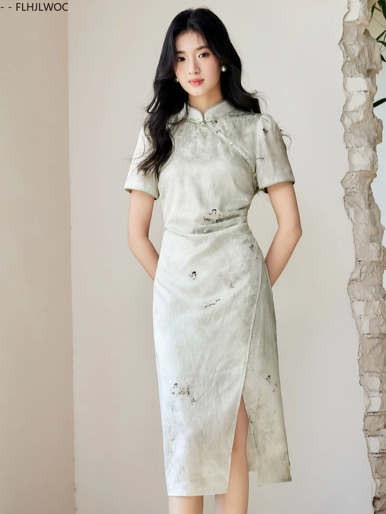 Cheongsams สไตล์จีนคอปกภาษาฝรั่งเศสคําออกแบบผู้หญิง Vestidos 2025 ฤดูร้อน Retro Vintage ปุ่มชุดเสื้อสีเขียว