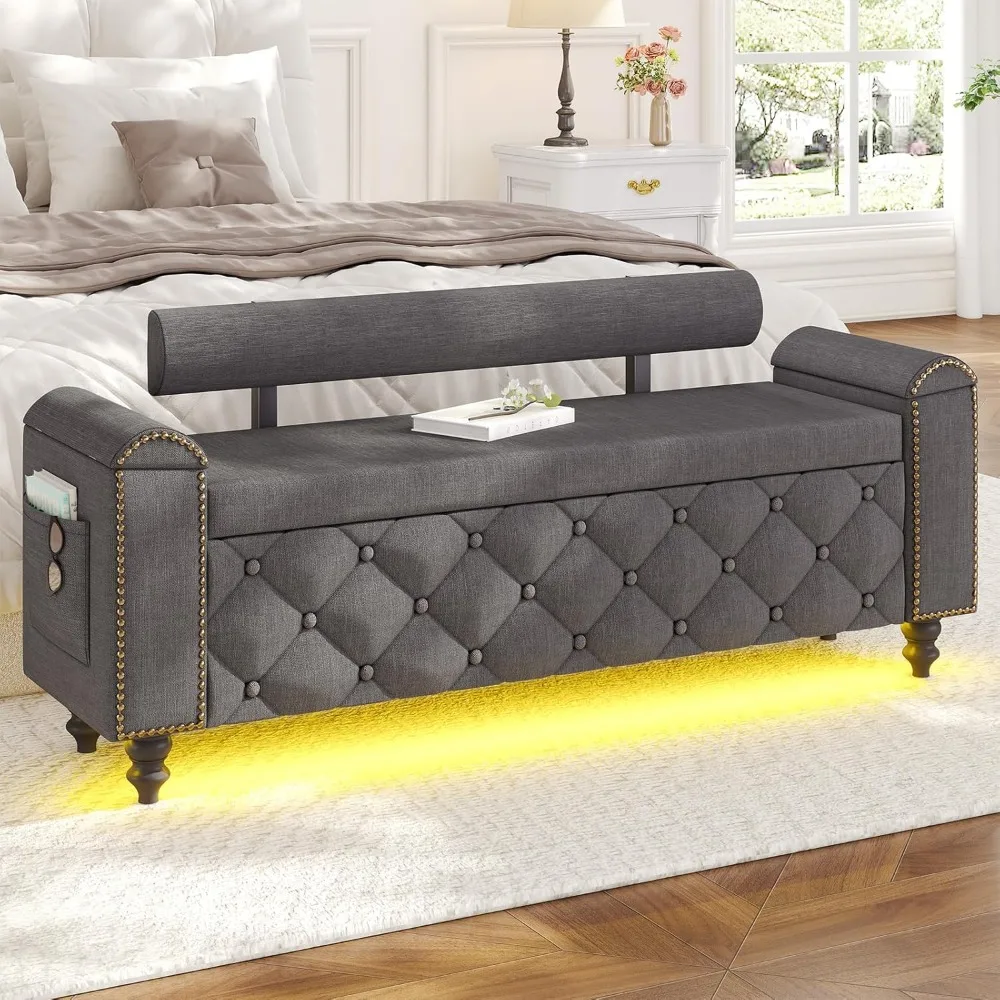 51인치 수납형 오토만, 등받이가 있는 수납형 오토만 벤치, 곡선형 팔걸이가 있는 터프티드 현관 벤치