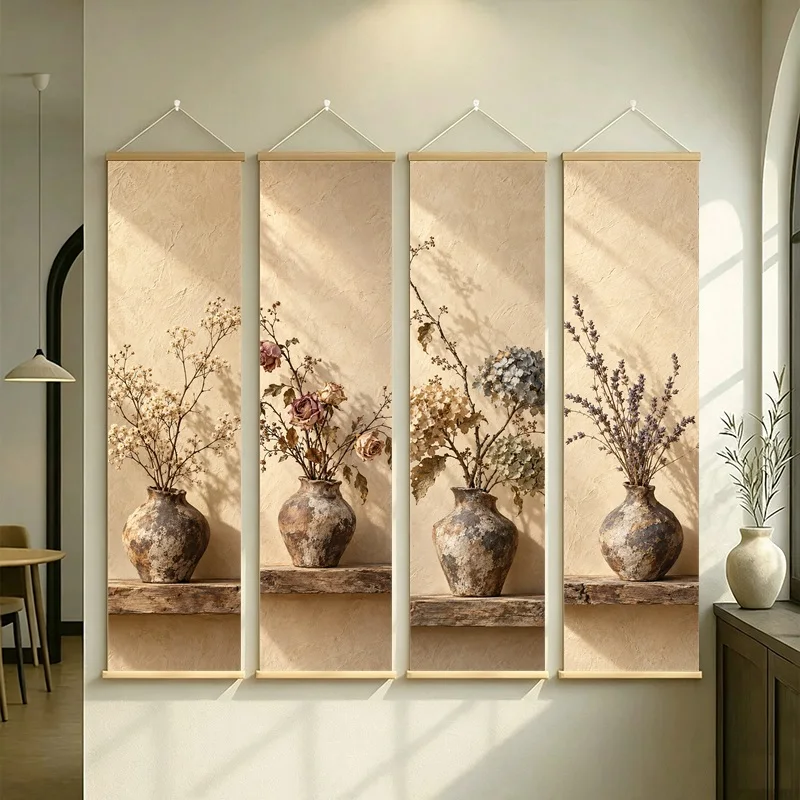 Wall Art Dried Baby Breath and Dried Rose, Wabi-Sabi Silver Shimmer Canvas Hanging Scroll for Meditation Room Home Decor