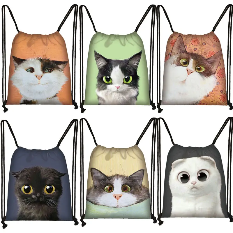 2D Lovely Cat Head Painting Drawstring Bag Cat Cartoon Printing Backpack Girl Shopping Bags Multi-function Portable Shoes Bag