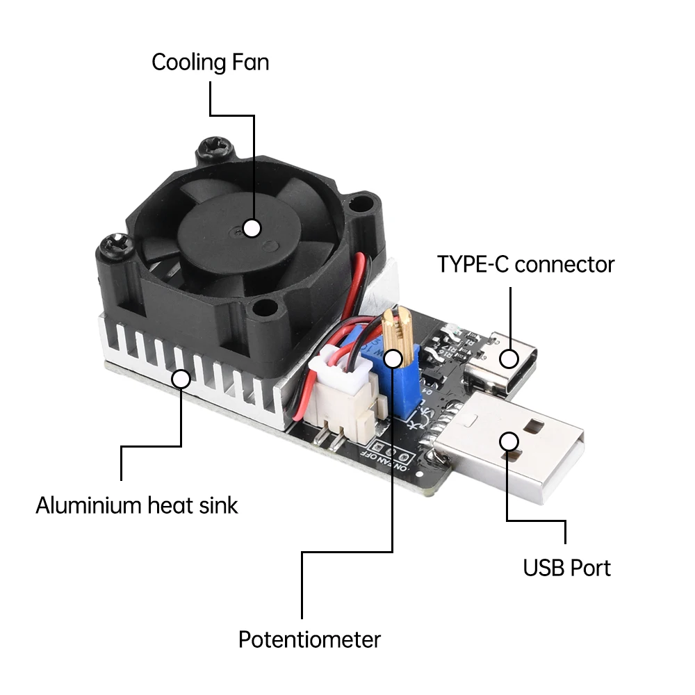 25W 3A Tester obciążenia moduł rezystora obciążenie DC 3.7-20V interfejs USB i typ c sterowanie nadmierną temperaturą z wentylatorem chłodzącym