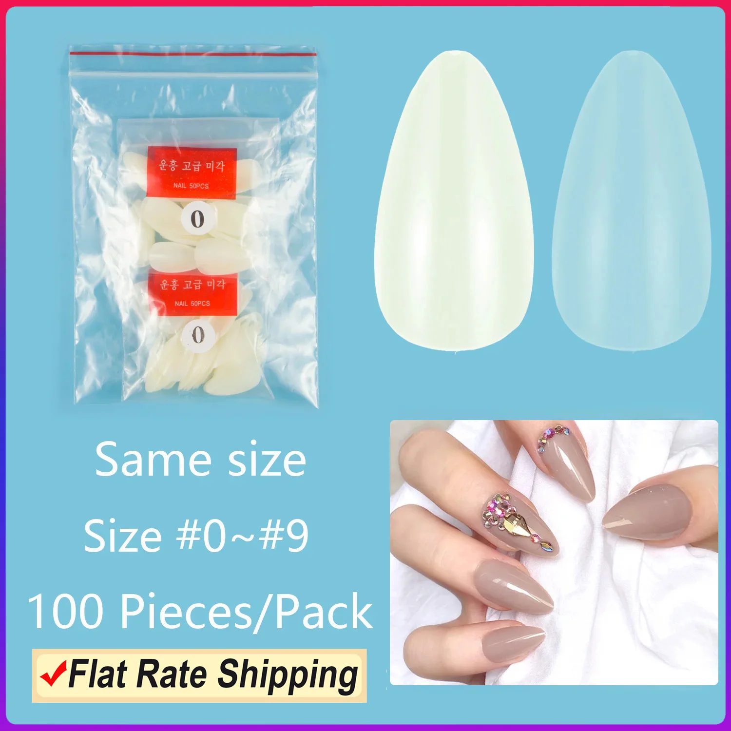 Almond 100 Pieces Refill Pack Full Cover False Nails Specific Size Fake Nail Tips Size 4 5 6 7 8 9 Nail Tips Certain Size Nails