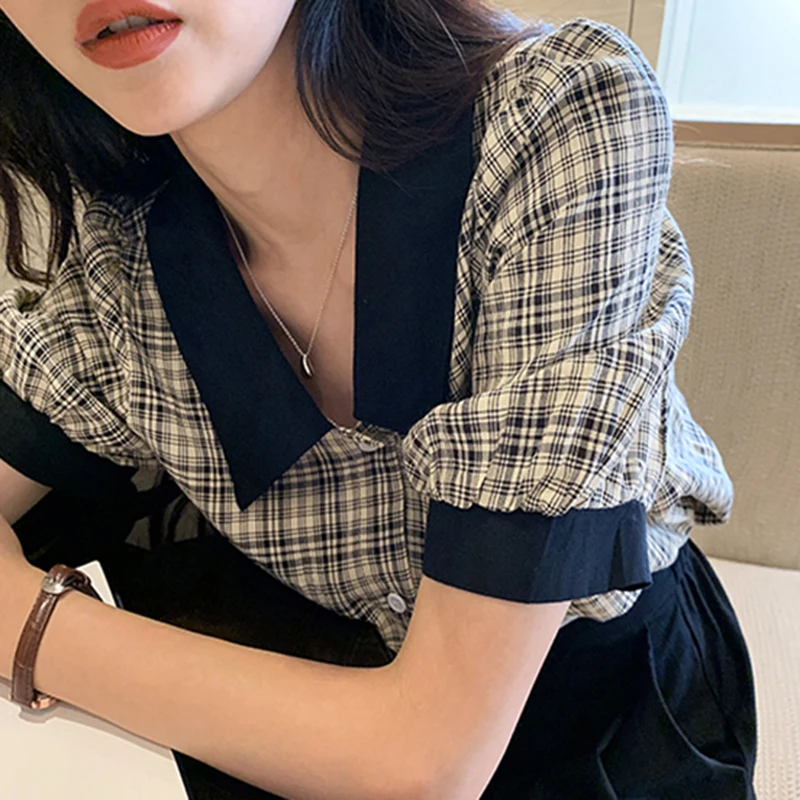 

Retro Plaid Women's Shirt Short Sleeve Summer plus Size Slimming Hide Belly Bubble Sleeve Versatile Top for All Occasions