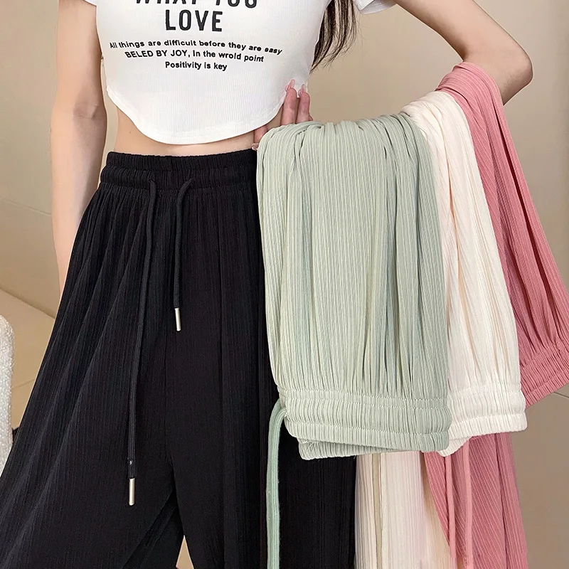 2024 Summer Women High Waist Wide Leg Pants Lady Cute Green Pink Baggy Straight Leg Trousers Female Cool Ice Silk Outside Slacks