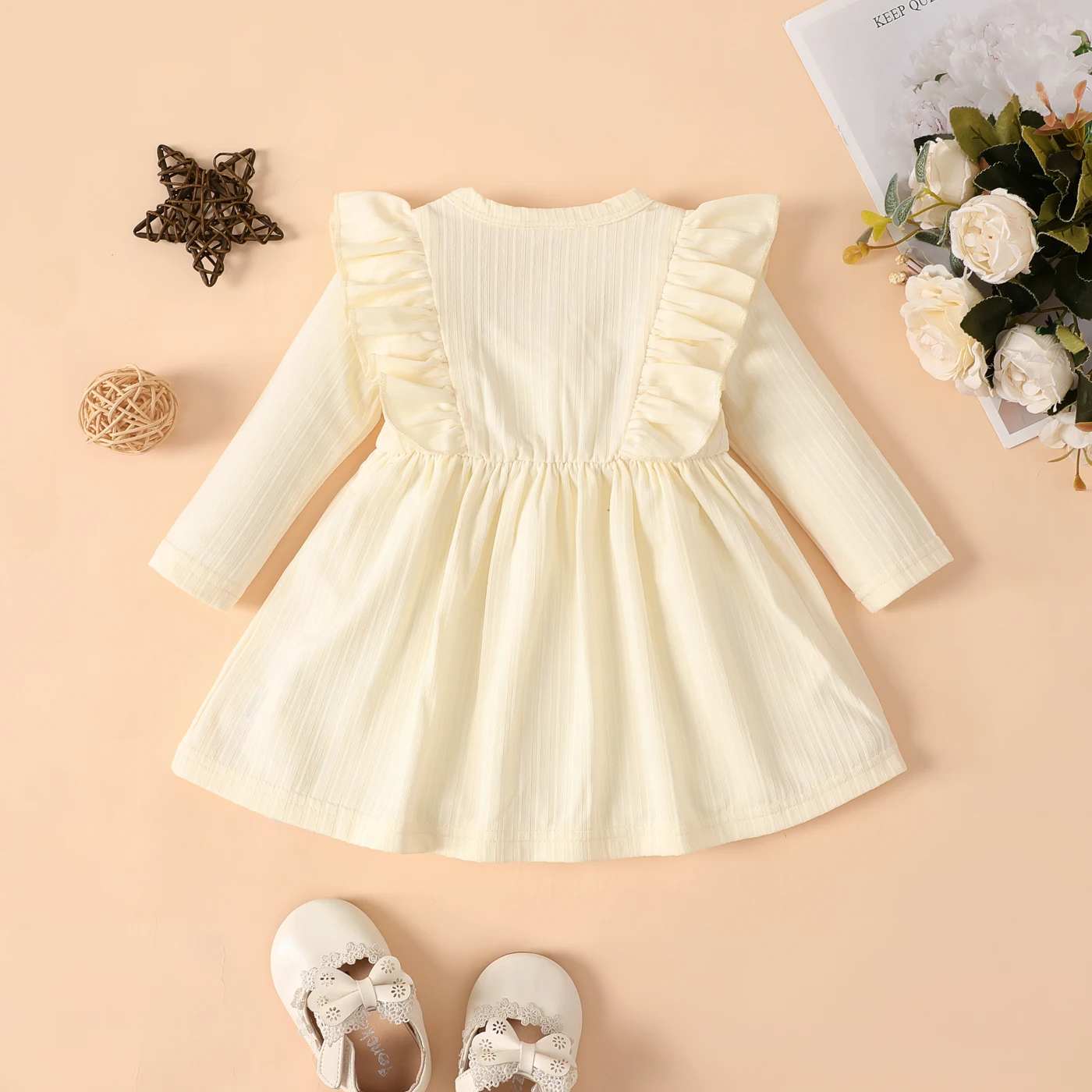 PatPat Baby Girl Elegant Solid Color Ruffle Edge Long Sleeve Dress