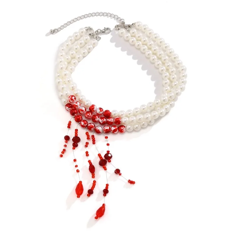 

Three-layer pearl tassel crystal necklace, blood drop collar, exquisite creative necklace accessories