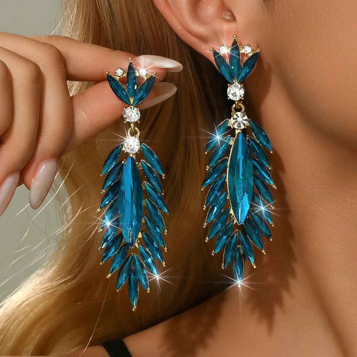 New Regal Lotus Leaf Marquise Rhinestone Earrings for Women Long Opulent Cluster Statement Wedding Pageant Sculptural Party Gift